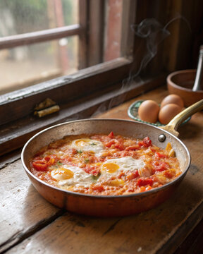 Photorealistic Turkish menemen with soft scrambled eggs tomato pepper base glossy surface rustic pan warm authentic presentation
