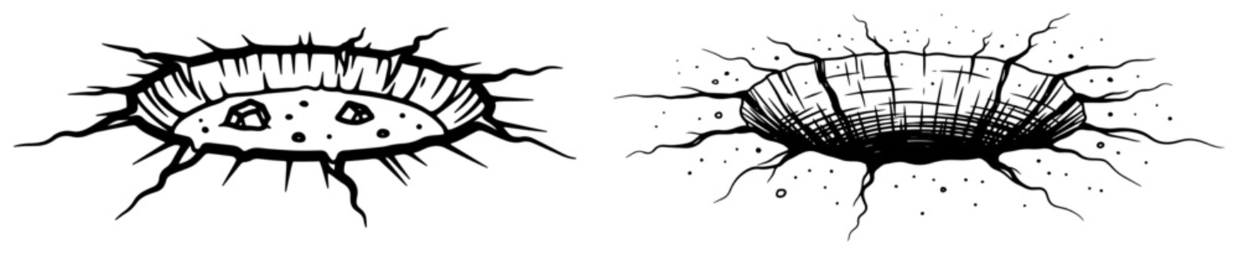 Bomb craters in the ground from explosion in hand drawn sketch style