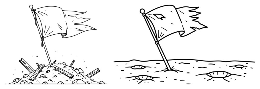 Tattered flags on battlefield ground with craters hand drawn sketch style