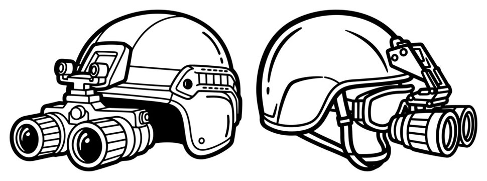 Tactical military helmets with night vision goggles hand drawn line art style