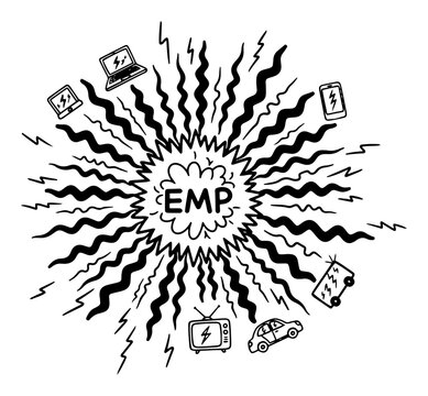 Electromagnetic pulse EMP blast destroying electronic devices hand drawn doodle style