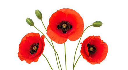 Fototapeta premium Vibrant red poppy flowers isolated on transparent background with green stems and buds isolated and transparent background