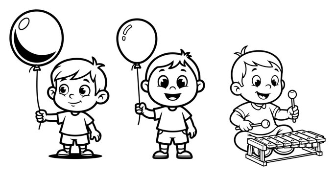Little boys playing with balloons and xylophone musical instrument in cartoon line art style