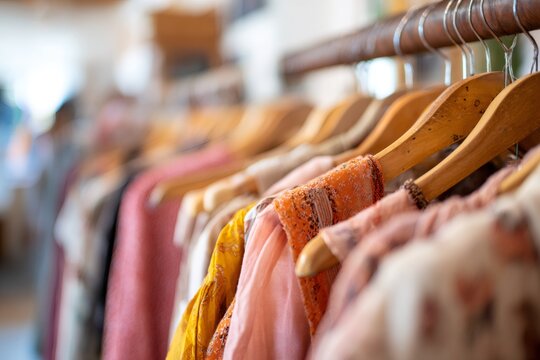 A row of colorful clothing on wooden hangers in a fashion boutique. Sustainable apparel collection for sale in a retail store or thrift shop