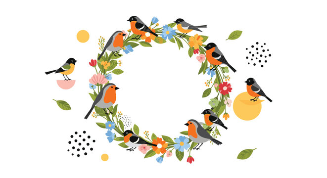Beautiful bird wreath with various colorful songbirds perched on a leafy green circular branch with assorted floral blossoms and dots.