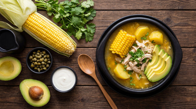 Delicious and nutritious bowl of chicken soup with corn, potatoes, avocado, and herbs on a wooden table with ingredients