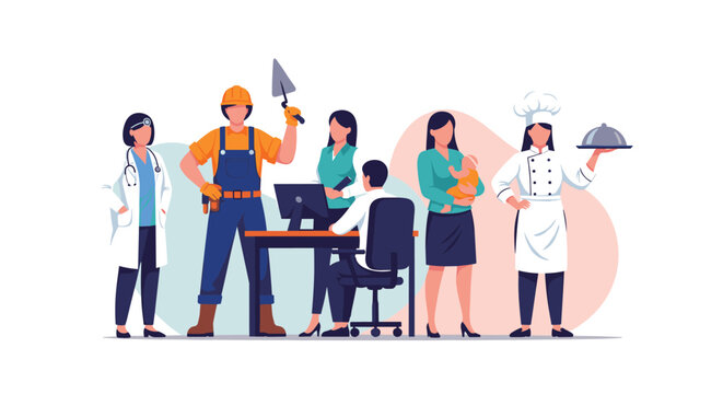 Diverse group of professionals including a doctor and construction worker and chef and office worker representing different careers.