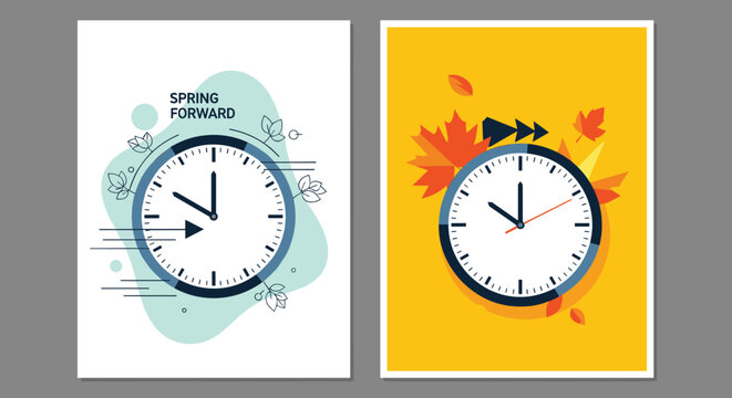 Comparison of daylight saving time posters show spring forward and fall back clock changes with seasonal leaves.