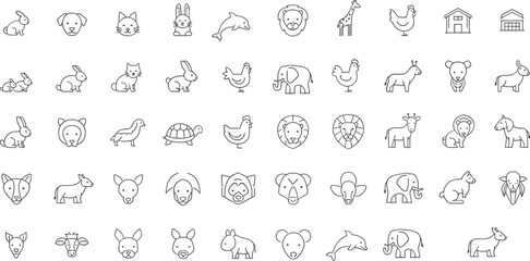 Cute animal outline icons collection featuring rabbit dog cat elephant lion giraffe dolphin turtle farm and wild animals vector set © AVII.