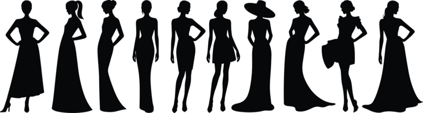 Elegant women silhouettes in fashion dresses, female models posing in stylish outfits, glamour style figures vector illustration isolated set