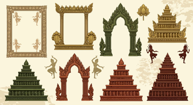Cambodian Apsara Khmer Temple Frame Vector Set Angkor Wat Borders for Heritage Tourism Design