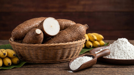 A rustic wicker basket filled with whole and halved cassava roots alongside bananas and bowls of cassava flour on a wooden table