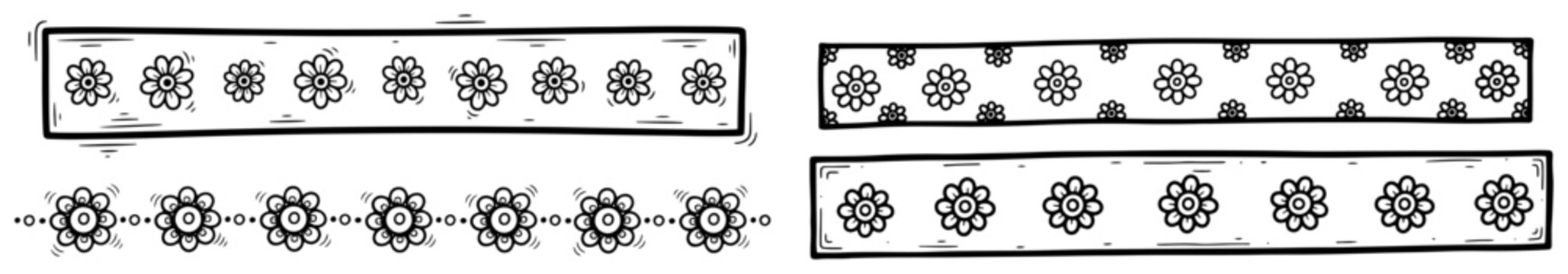 Floral border strips and decorative flower patterns in hand drawn doodle style