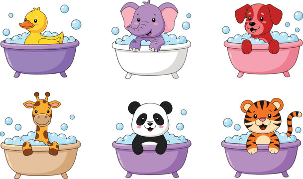Cute baby animals bathing in bathtub collection featuring duck elephant dog giraffe panda tiger cartoon vector illustration set