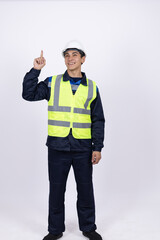 Fototapeta premium Builder in safety vest pointing finger up