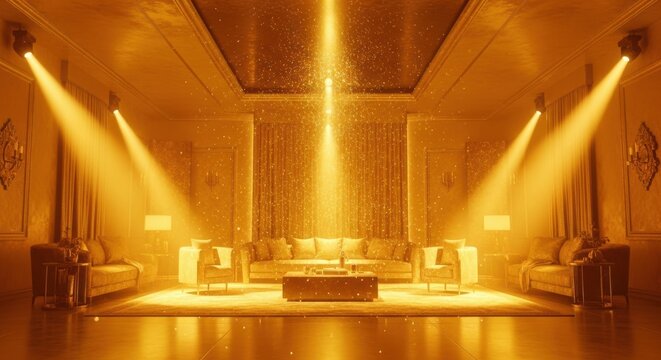 A pixelated image of a stage with spotlights shining down on it