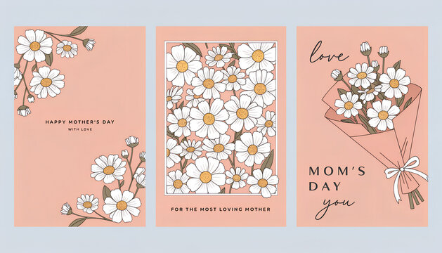 Three pink Mother's Day cards with white flowers and brown text