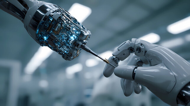 Advanced human-robot collaboration in a high-tech laboratory for microchip assembly, Generative AI illustrations.