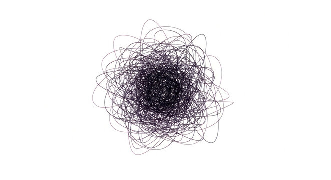Dark purple messy scribble tangle representing chaos and confusion on a transparent background 
