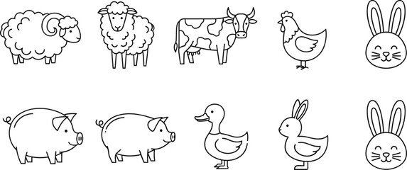 Cute farm animal outline collection featuring sheep cow chicken rabbit pig duck simple cartoon livestock vector illustration set © AVII.