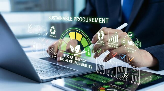 Person interacting with digital interface for sustainable procurement and eco efficiency