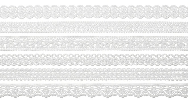 Collection of six different white lace ribbons and crochet borders, sewing trimmings on a transparent background 
