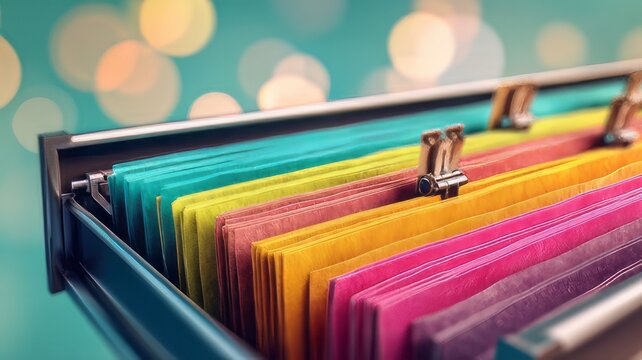 Collection of colorful hanging file folders organized in a filing cabinet, document management and organization.&nbsp;Case folder, archive filing cabinet on blur background. 