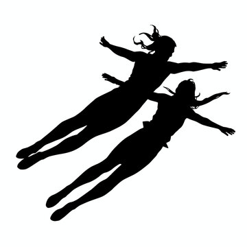 Silhouette of two figures in free fall or flight, with arms outstretched and flowing hair