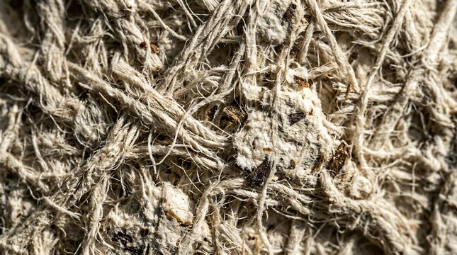 Close up of a bundle of rough natural fiber ropes and threads intertwined together