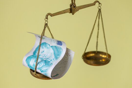 Argentine money. Business concept. a thousand argentine pesos on the scale. Concept. financial analysis. economic background. close up