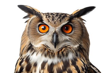 Obraz premium Realistic Eurasian Eagle Owl with Bright Orange Eyes Close Up