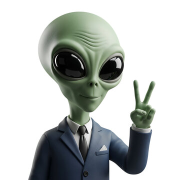 Professional green extraterrestrial in a smart business suit showing a peace sign isolated on transparent background