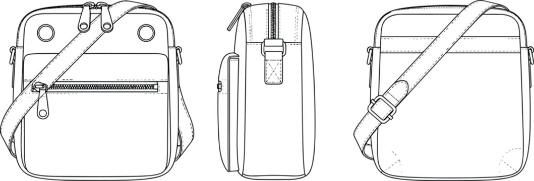 Crossbody bag technical drawing, fashion accessory vector, handbag design blueprint, product sketch illustration, manufacturing layout graphic composition