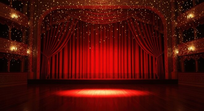 Empty Red Velvet Theater Stage with Golden Lights and Spotlight