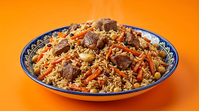 Delicious Uzbek plov with meat and vegetables in traditional bowl