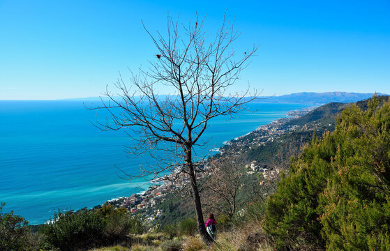 Panorama of the Ligurian coast between Bogliasco and Genoa, Italy