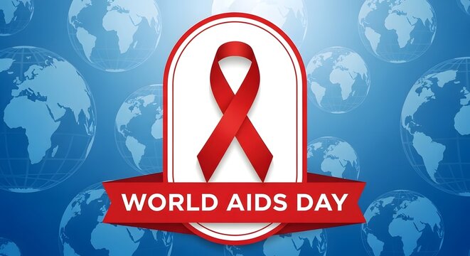 Red a i d s awareness ribbon on white background with a i d s day banner