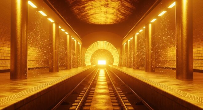 Empty Golden Subway Station Platform with Bright Light at End of Tunnel