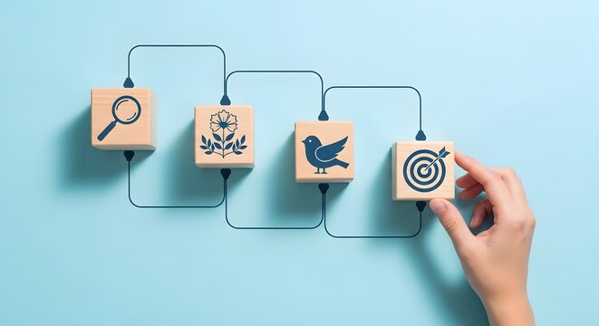 Conceptual image of a rube goldberg machine with wooden blocks and a hand