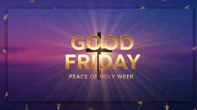 Slow zoom of good friday text and cross with radiant golden light on purple gradient background for holy week
