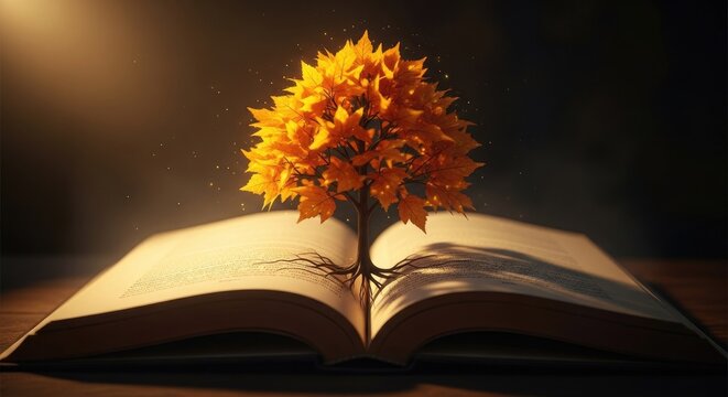 Open book with tree growing from pages conceptual representation