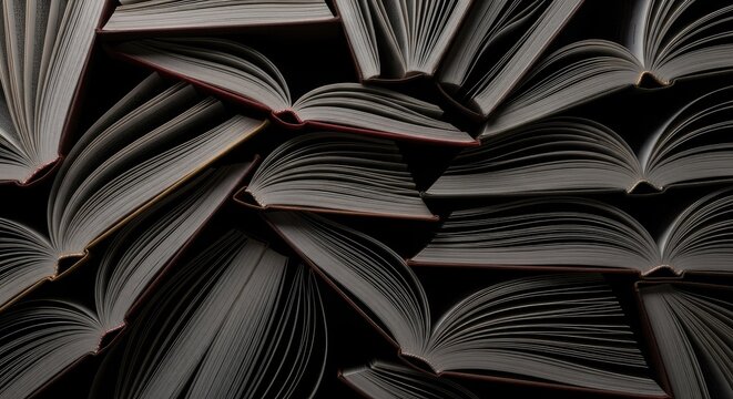 Overhead view of open books with white pages and dark backgrounds