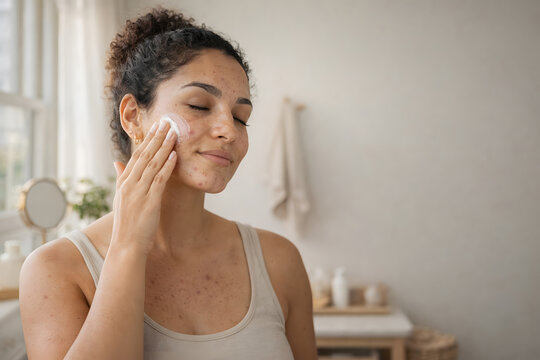Young Black woman cleansing acne-prone skin with a cotton pad in a bathroom interior. Gentle skincare routine concept for sensitive oily skin and realistic beauty