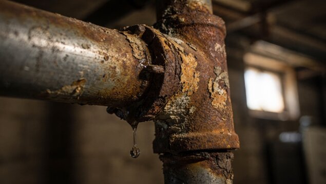 A rusty old pipe with a corroded joint is leaking water in a dimly lit room, highlighting issues with infrastructure and maintenance.