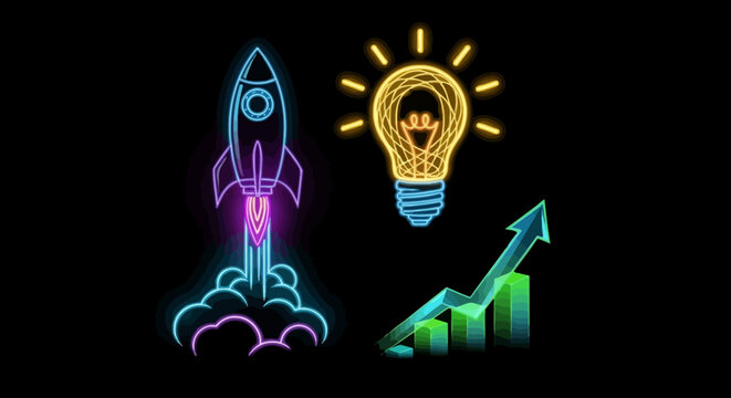A neon rocket ship blasts off beside a glowing lightbulb and a rising graph chart.