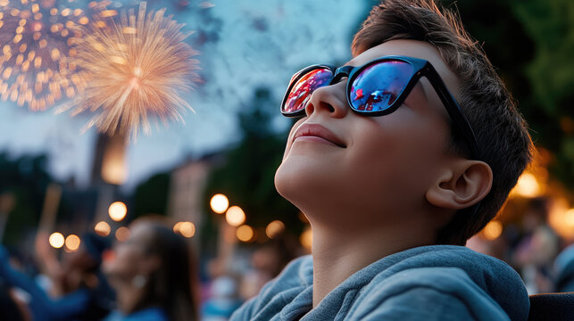 Young boy watching festive fireworks display reflecting in sunglasses during Brazil's Independence Day celebration. Independence Day of Brazil