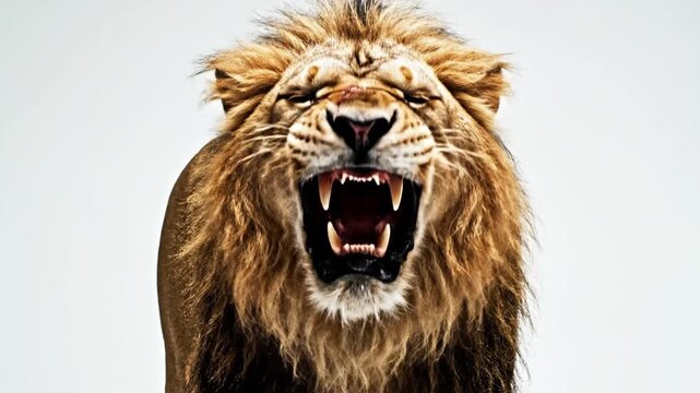 Roaring lion portrait on white background showing teeth and mane detail