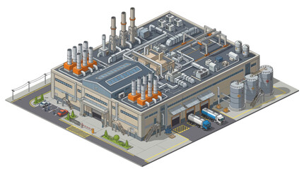 Obraz premium Isometric illustration of a detailed industrial factory complex, showcasing modern manufacturing facilities, towering smokestacks, and busy loading docks for large-scale production