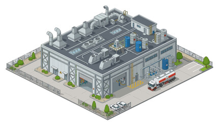 Obraz premium Detailed Isometric Vector Illustration of a Modern Industrial Complex Featuring Manufacturing Buildings, Storage Tanks, and a Logistics Delivery Truck