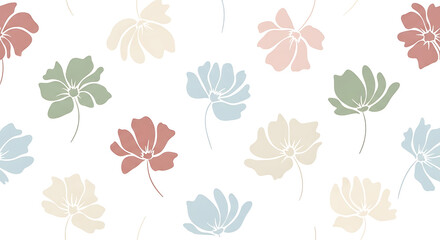 Fototapeta premium Minimalist stylized floral seamless pattern with earthy tone flowers in terra cotta sage and blue minimalist seamless silhouette background